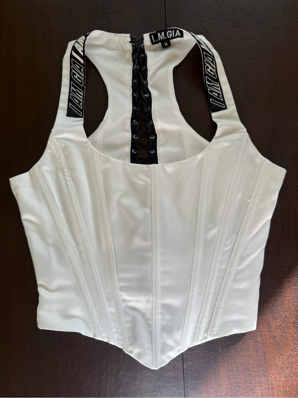 I.AM.GIA White Lace-Up Racerback Corset Tank